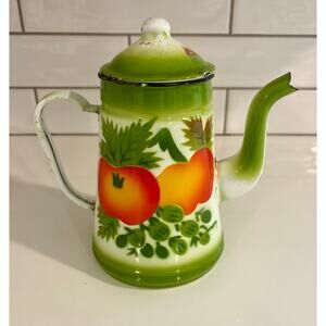 Vintage Enamel Coffee Pot with Green and Orange Fruit Motif from the 1950s